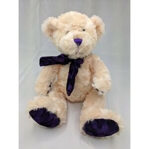 Caltoy Cream Bear Plush 14 Inch Purple Paws Bow Stuffed Animal Toy